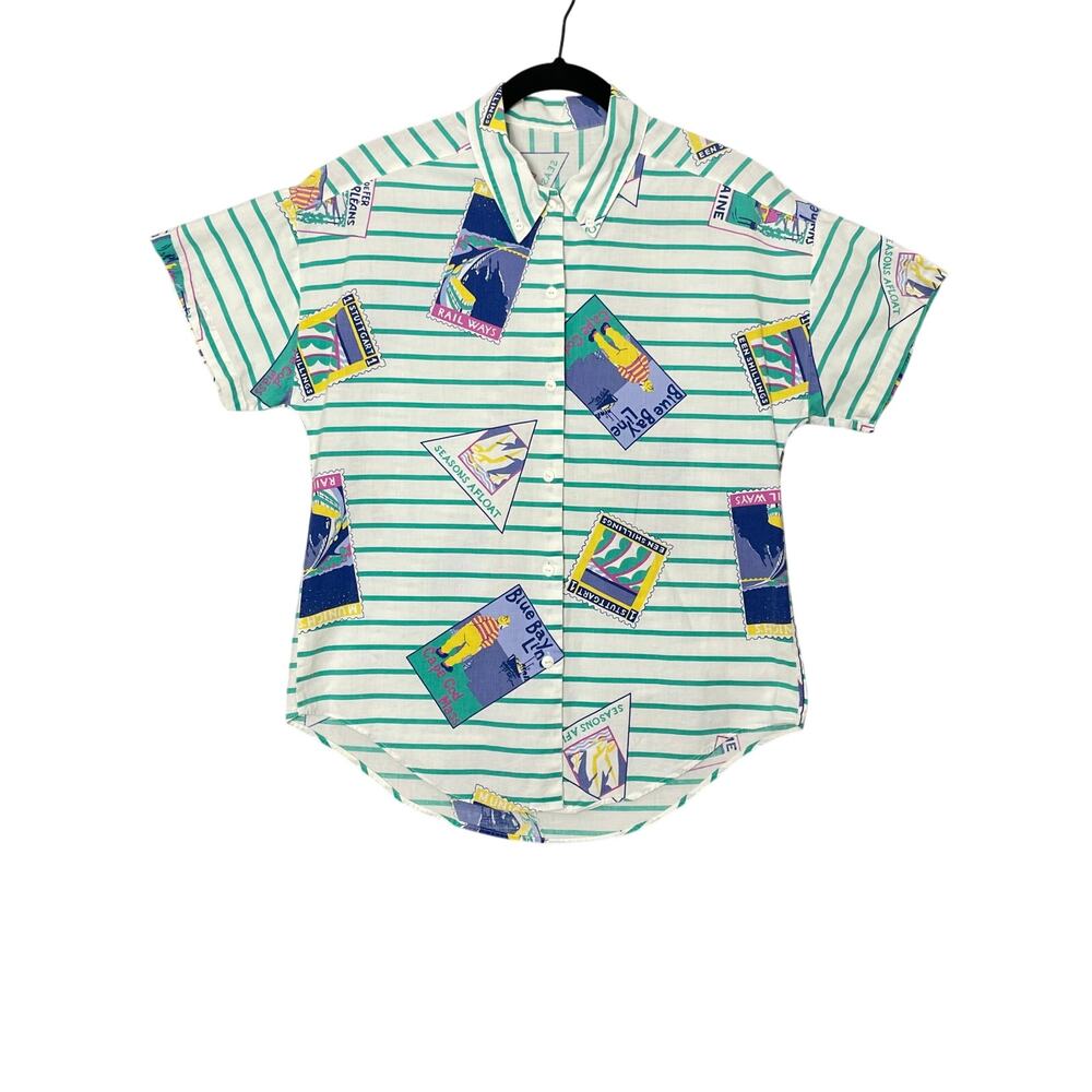 90s Vintage‎ Striped Hawaiian Vacation Resort Button Up Shirt Size Small Hipster